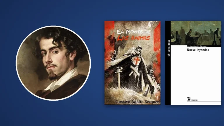 Retrato de Gustavo Adolfo Bécquer junto a las portadas de El monte de las ánimas y Nueve leyendas