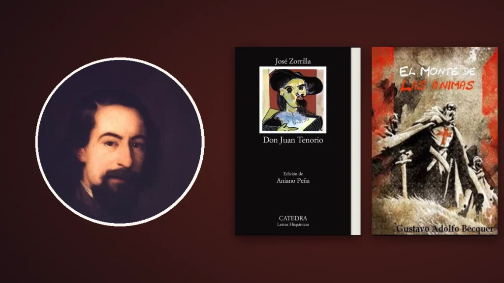 Retrato de José Zorrilla junto a las portadas de Don Juan Tenorio y El monte de las ánimas